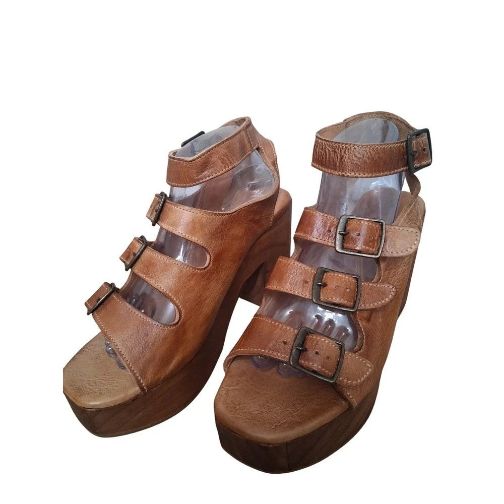 Bed Stu Jordyn Womens size 10 Leather Strappy Wood Chunky Platform Block Heels‎